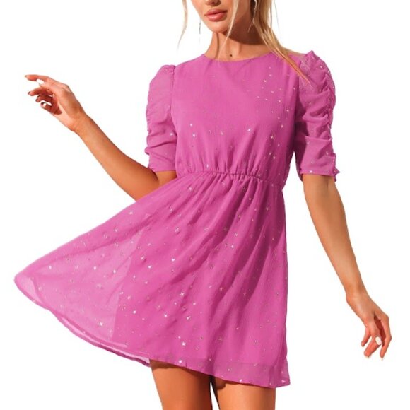 Allegra K Dresses & Skirts - Allegra K Pink and Gold Stars Dress Size Medium | Princess Ruched Sleeves Barbie